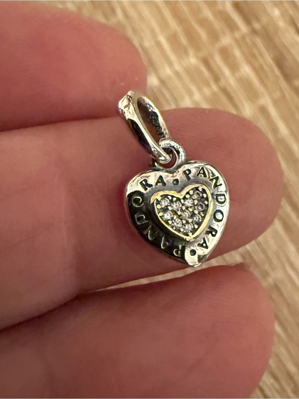 Pandora Silver Heart Charm Pendant with Pavé Center